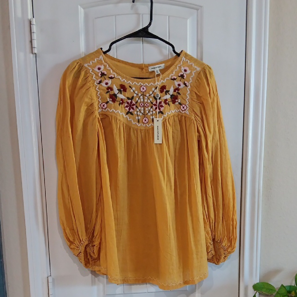 Yellow Gold Embellished Flutter Sleeve Blouse